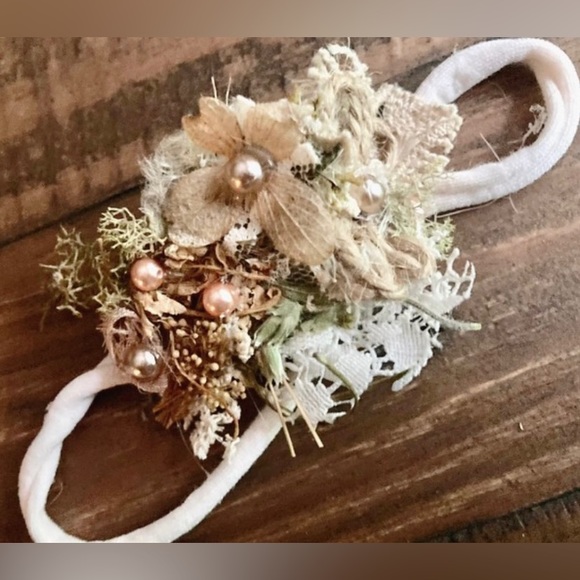 Bohemian Floral Headpiece - Burnt Orange & Cream Organic with Lace & Pearls - Picture 5 of 7